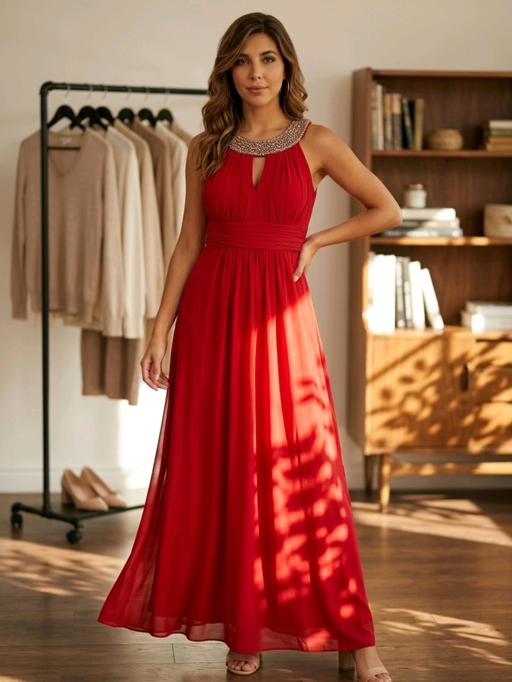 Onyx Nite Red Beaded Halter Maxi Dress